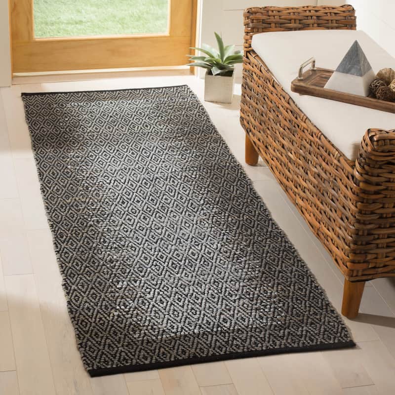SAFAVIEH Handmade Vintage Boho Leather Mellissa Modern Stripe Leather - 2' 3" x 9' - Light Grey/Grey - Runner