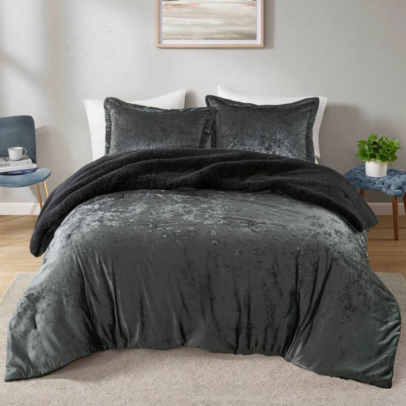 3 PCS King/Cal King Crushed Velvet Sherpa Reversible Comforter Set Charcoal
