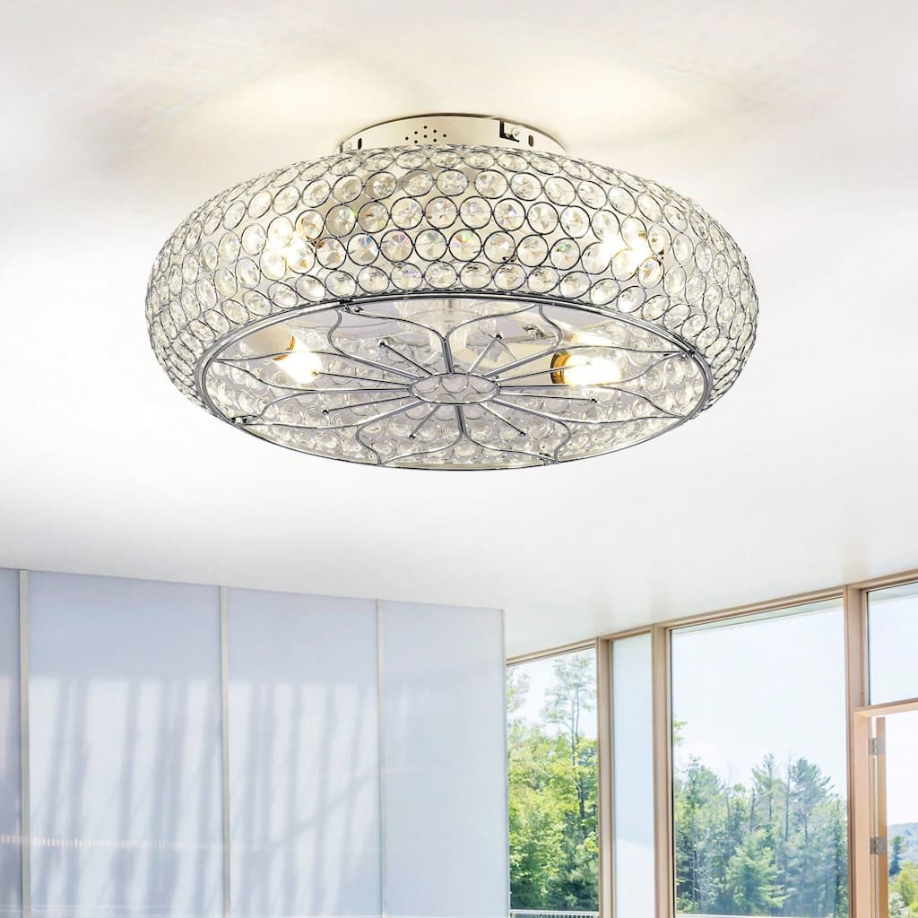 20'' Modern Flush Mount Crystal Ceiling Fans with Remote, 6 Speeds DC Motor Reversible Chandelier Ceiling Fan For Bedroom