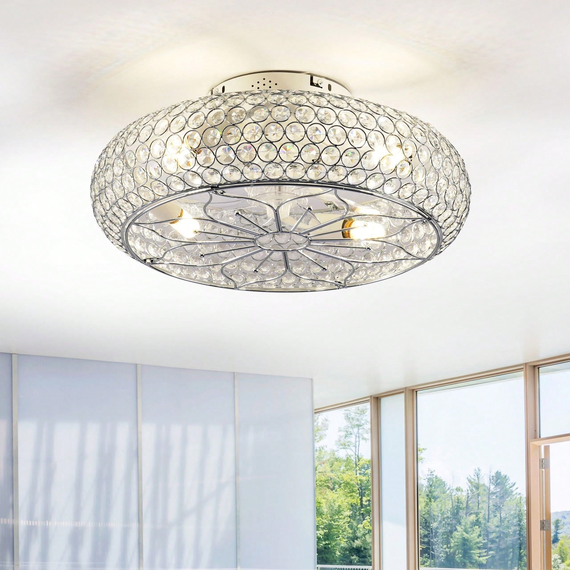 20'' Modern Flush Mount Crystal Ceiling Fans with Remote, 6 Speeds DC Motor Reversible Chandelier Ceiling Fan For Bedroom