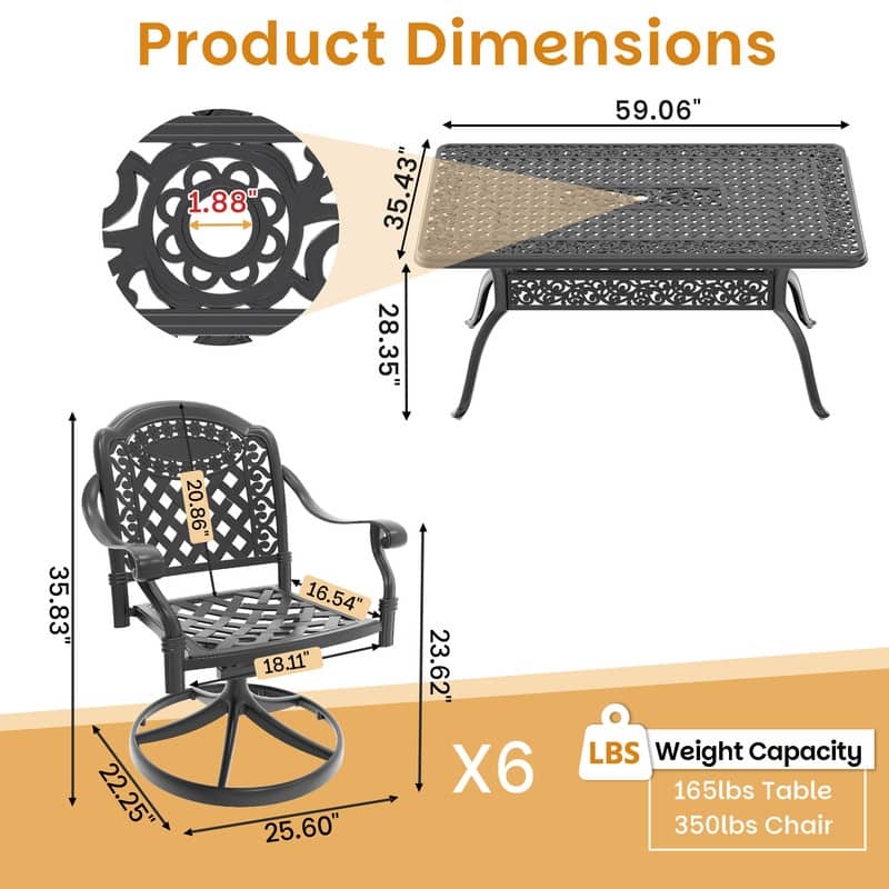 7-Piece Aluminum Rectangular Outdoor Patio Dining Set, 6 Cushioned Swivel Chairs, Table, All-Weather Frames