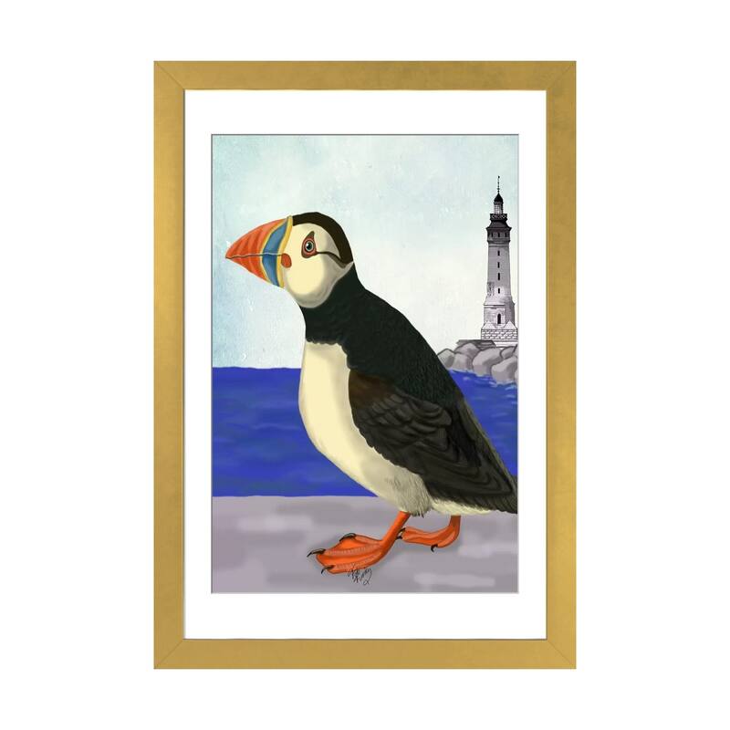 iCanvas "Puffin On The Quay" by Fab Funky - Gold - 24x16x1