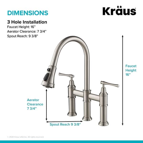 dimension image slide 1 of 3, Kraus Allyn Traditional 3-Function Bridge Pulldown Kitchen Faucet