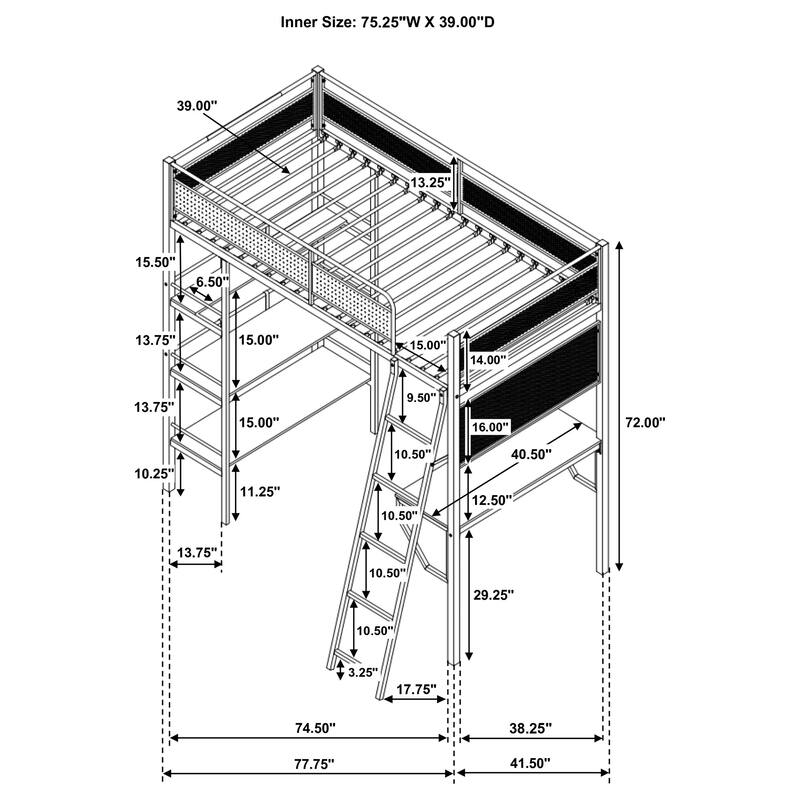Campus 3-shelf Metal Twin Workstation Loft Bed