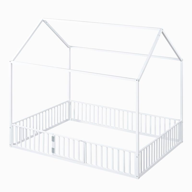 Full Size Metal House Bed with Fence, Roof, and Door for Kids