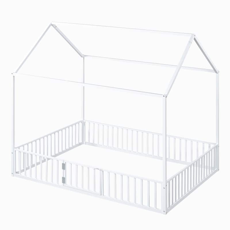 Metal House Bed with Fence, Roof and Door for Kids, Boys and Girls, Bedroom