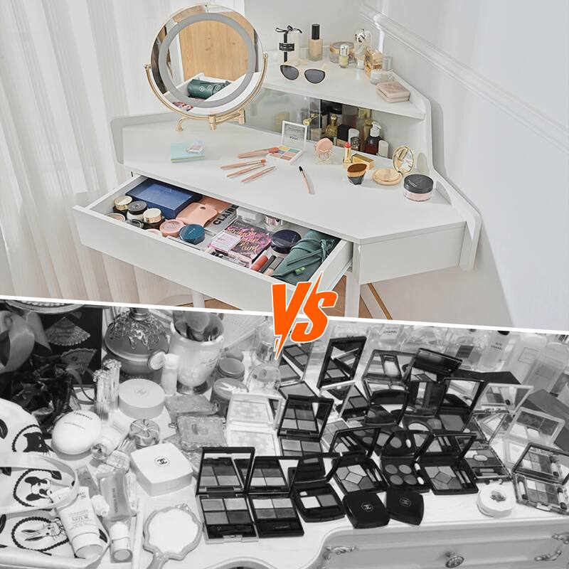 Bedroom Corner Makeup Vanity Desk with Makeup Stool & 360° Rotating LED Mirror, White