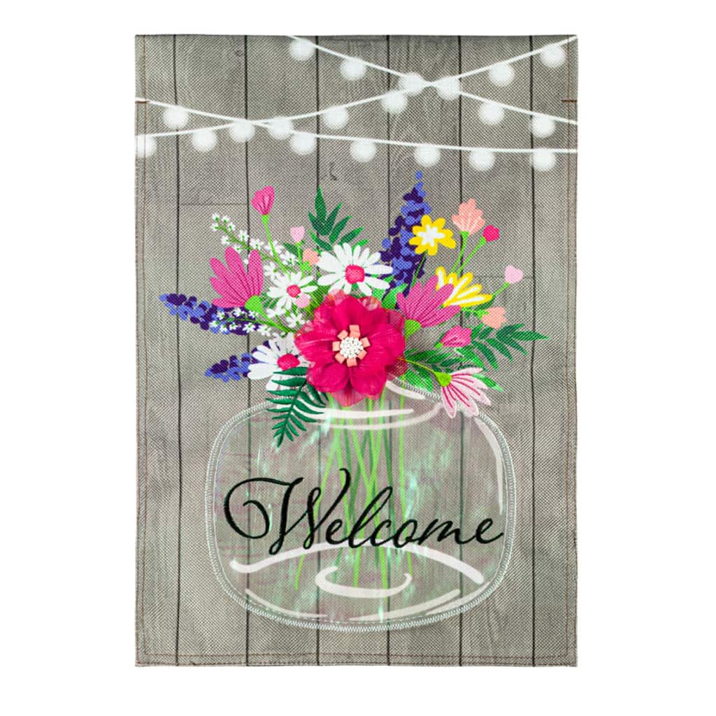 Mason Jar and Lights Garden Burlap Flag