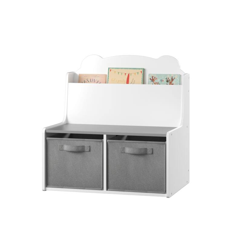 Kids Bookshelf with 2 Fabric Storage Bins-Wooden Bookcase with Book Display Shelf,Cute Bear-Shaped Backboard,Toy Organizer