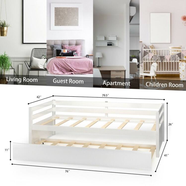 Metal Twin Size Trundle Platform Bed Frame with Wooden Slat Support and Space-Saving Design