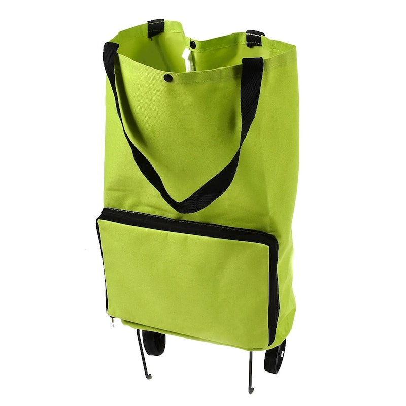 Polyester Portable Handy Foldable Bag Wheel Cart Shopping Trolley - Green