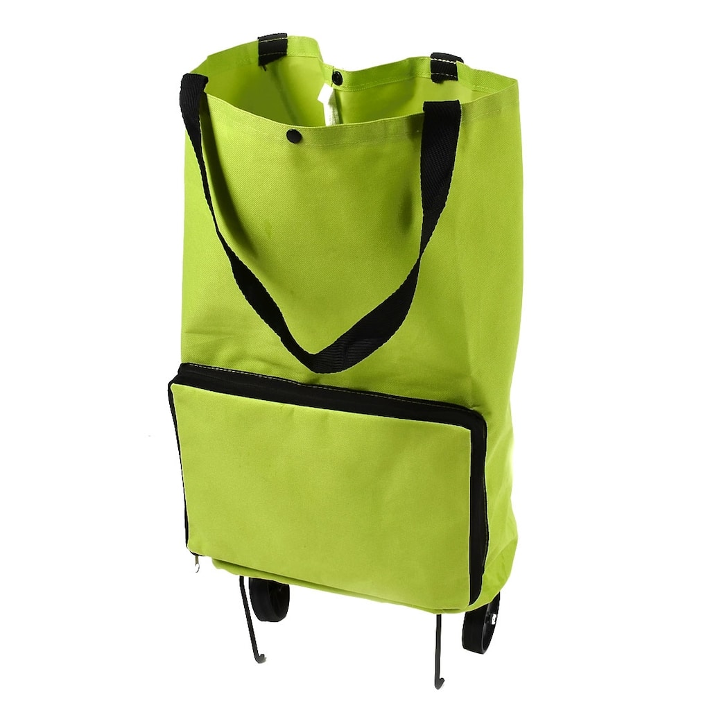 Polyester Portable Handy Foldable Bag Wheel Cart Shopping Trolley - Green
