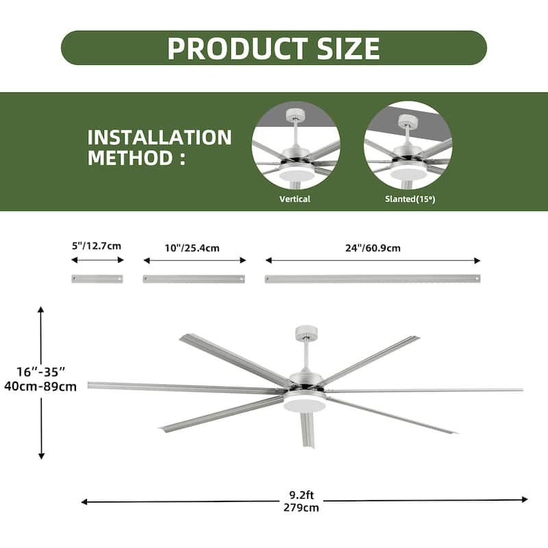 96 Inch Industrial Ceiling Fan with Light 7 Aluminum Blades and 6 Speed Remote Black
