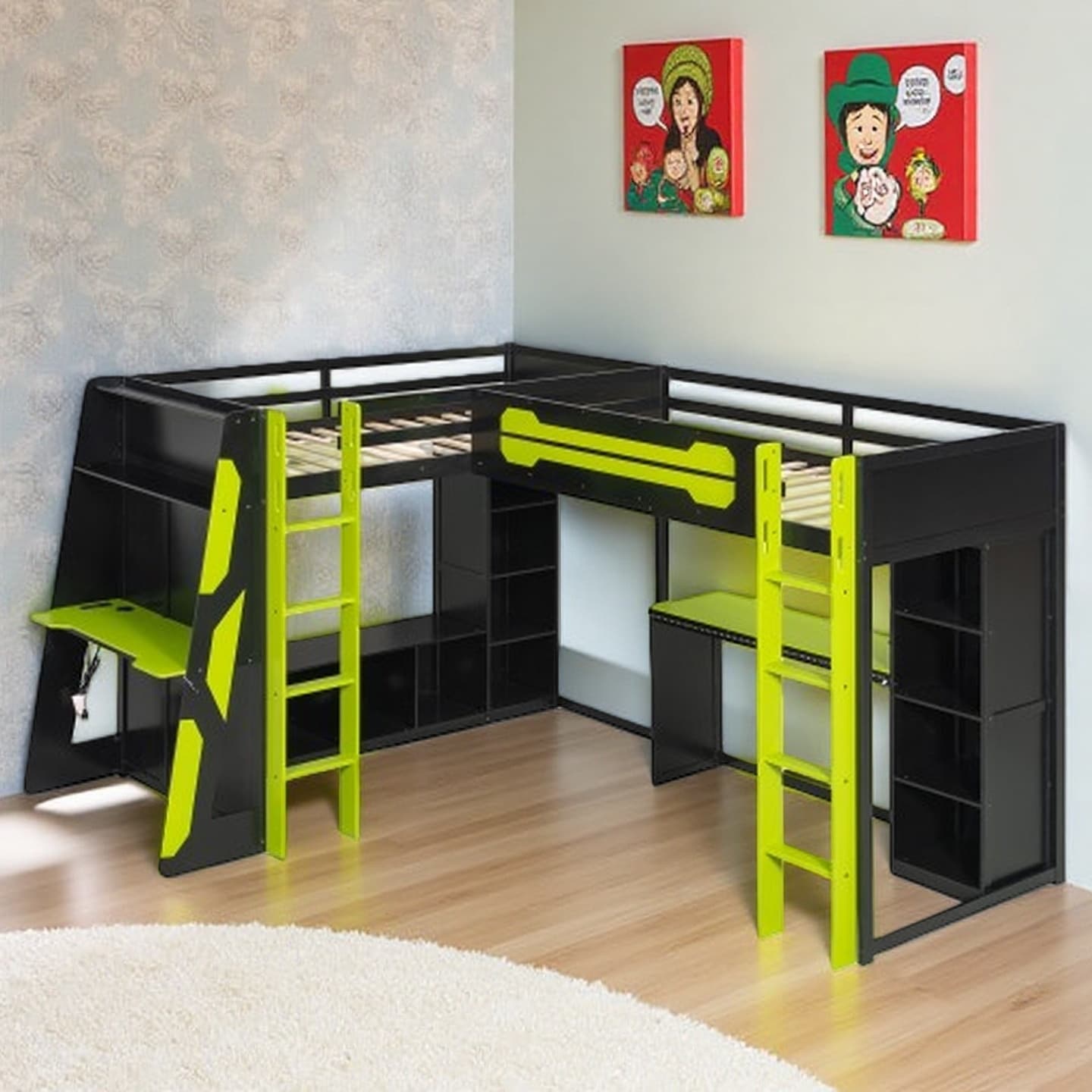 Twin Size L-Corner Wood Bunk Bed with Gaming LED Lighting, Two Twin Beds with USB Charging, Integrated TV Stand
