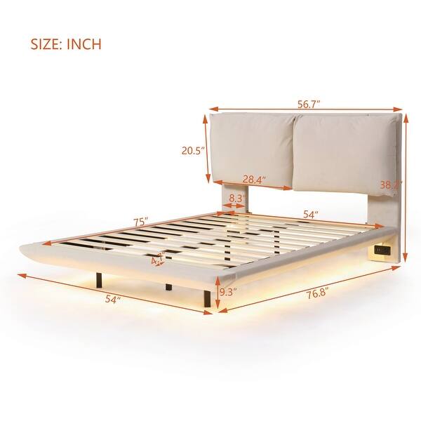 dimension image slide 1 of 2, Full Size Upholstered Platform Bed with Sensor Light and 2 Large Backrests, Stylish Platform Bed with 2 sets of USB Port