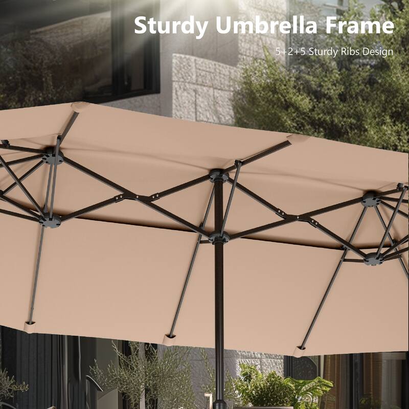 MAISON ARTS 15ft 2-Tier Large Patio Umbrella with Solar Lights, Double-Sided Outdoor Market Umbrellas with Base Included