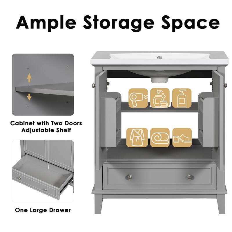 29.5" White Bathroom Vanity Cabinet Base with Adjustable Shelf, 1 Drawer & 2 Doors, Freestanding, Solid Wood