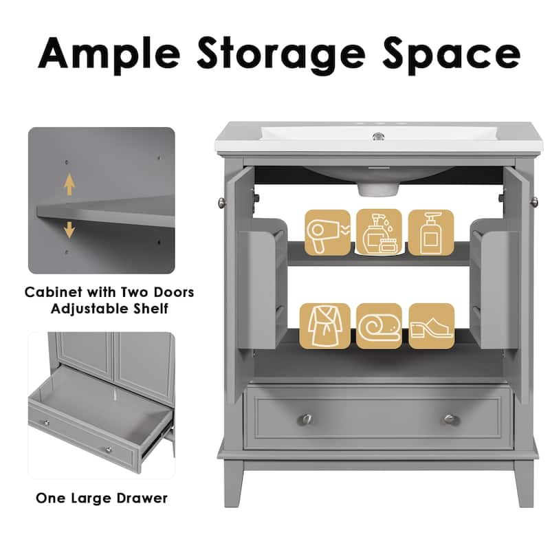 30"Bathroom Vanity with Sink Combo,Multi-functional Bathroom Cabinet with Doors and Drawer,Solid Frame and MDF Board