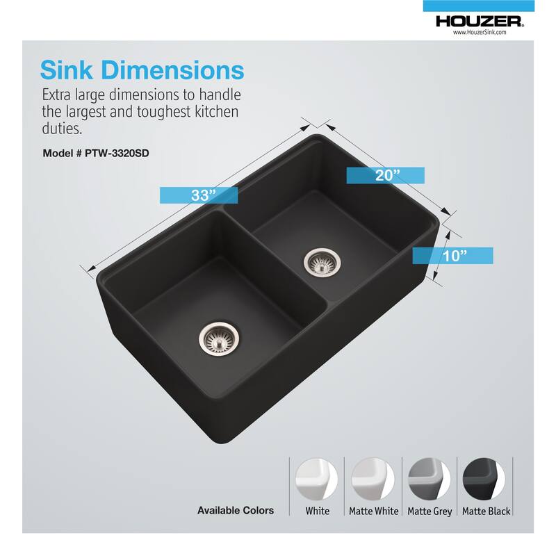 Houzer PTW-3320SD Aspire 33" Farmhouse Double Basin Fireclay Kitchen