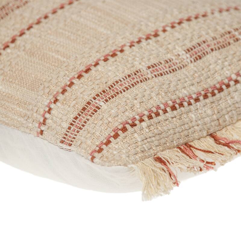 HomeRoots 14" X 20" Beige and Pink Striped Cotton Throw Pillow With Fringe