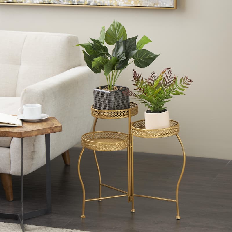 Metal Curved Folding 3 Tier Indoor Outdoor Plantstand with Floral and Scroll Patterns - Gold, Black, Silver - Roche River Decor