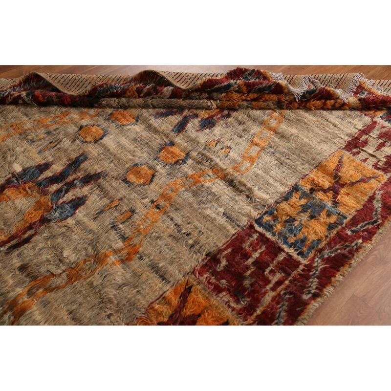 Hand Knotted Oriental 100% Wool Carpet Modern Tribal Brown Moroccan Area Rug - 9' 11'' X 6' 8''