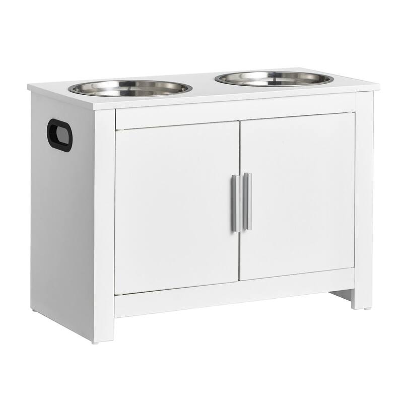 White MDF Pet Feeding Station with 2 Elevated Dog Bowls and Toy Storage Cabinet - 23.62 x 11.81 x 17.32 inch