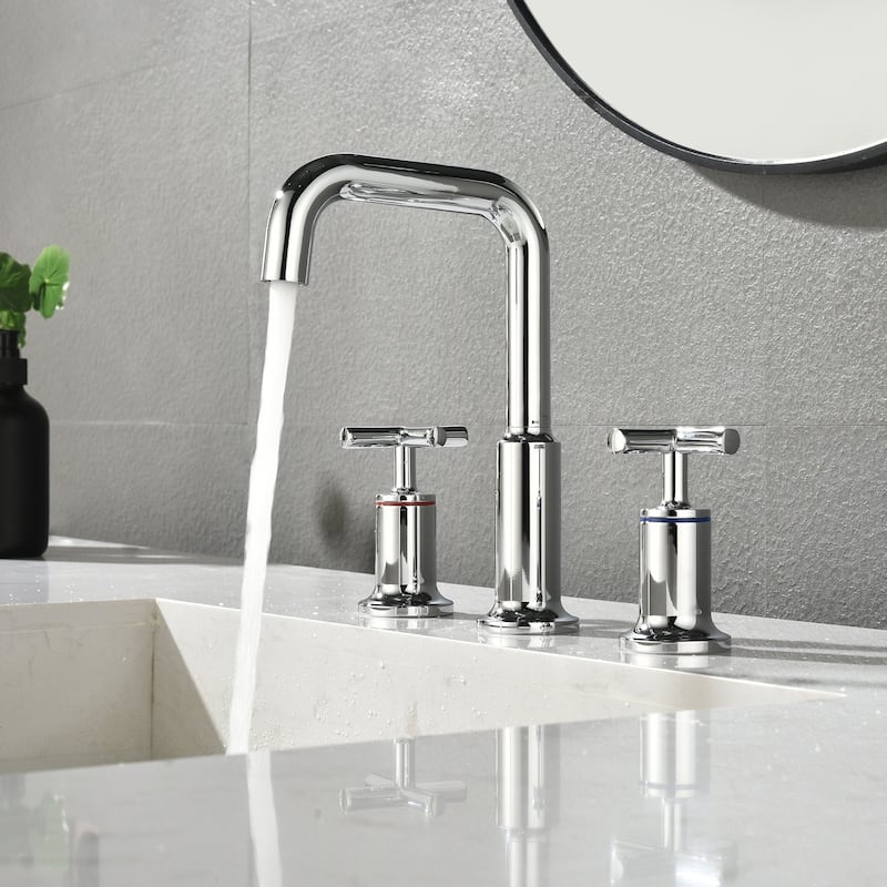 Three-Hole Cross Handle Copper Bathroom Sink Faucet - Polished chrome