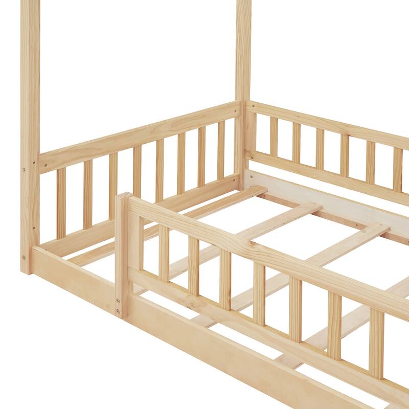 Natural Twin Size Wood House Bed Frame with Roof and Fence, for Kids, Teens, Girls, Boys