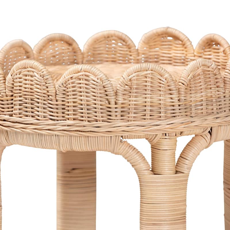 Latoya Natural Rattan End Table - Handwoven Wicker 2-Tier Side Table with Scalloped Border for Living Room or Bedroom