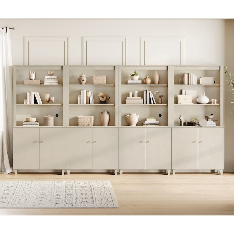 WAMPAT Modern 71" Tall Bookcase with Cabinets, 4 Columns 5-Tier - Beige