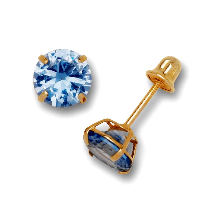 14K Yellow Gold 6mm Round Cubic Zircornia Birthstone Basket-Set Solitaire Screw-back Stud Earrings (12 colors) - Aquamarine