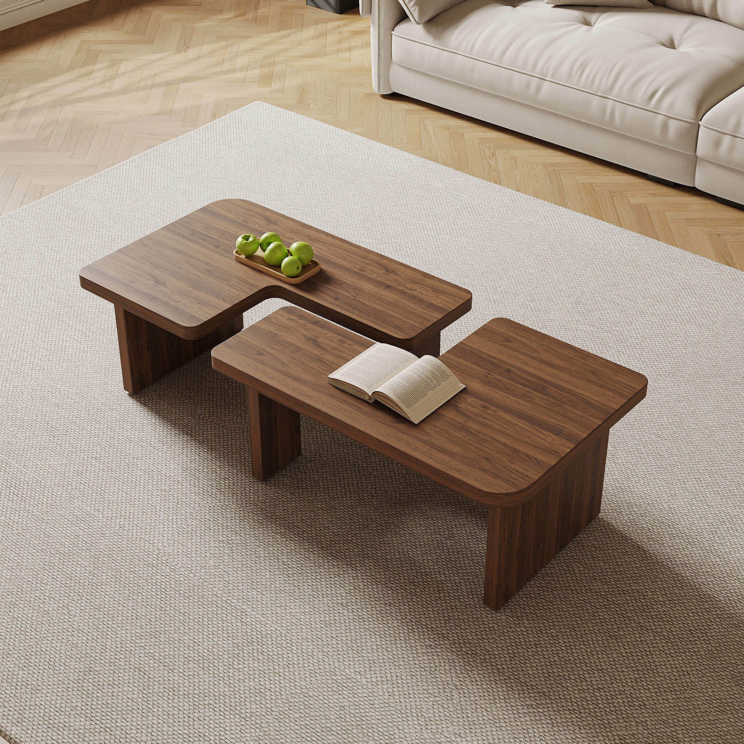 Modern Wood Coffee table, Mid Century Wood Side Table for Living Room, 2 Pieces