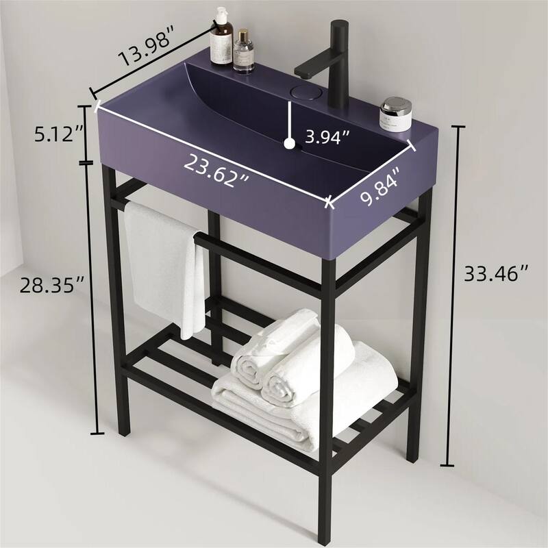 24" Bathroom Vanity Set with Ceramic Basin and Storage Shelves (No Faucet)