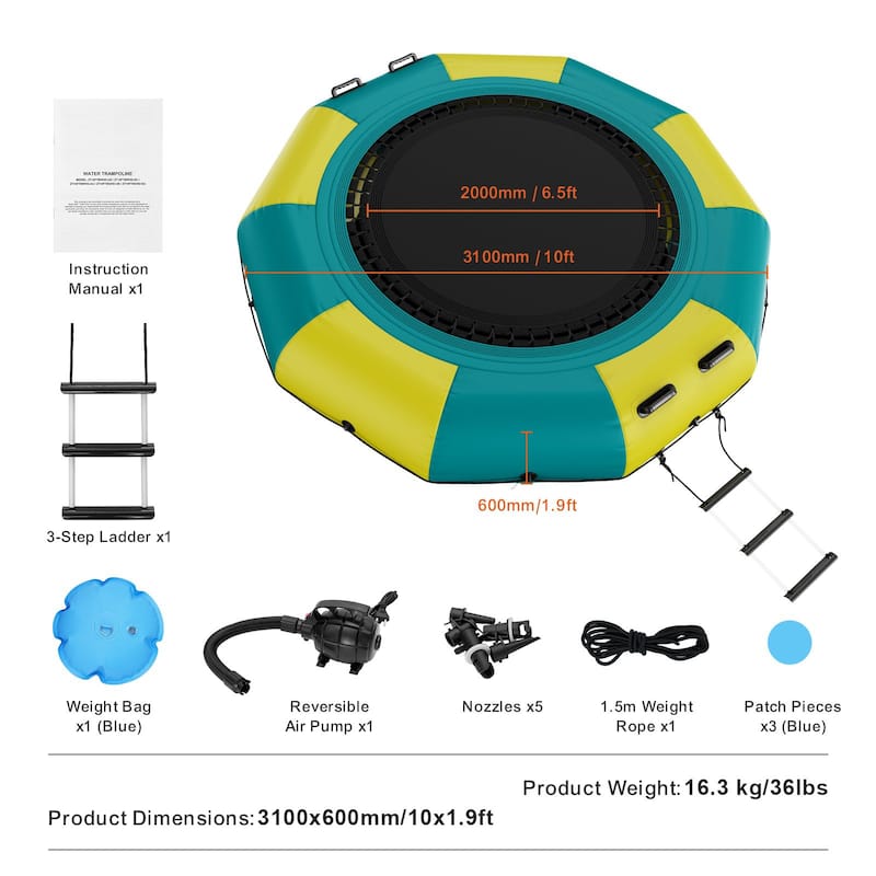 10ft Inflatable Water Trampoline with Ladder and Pump for Lake or Pool