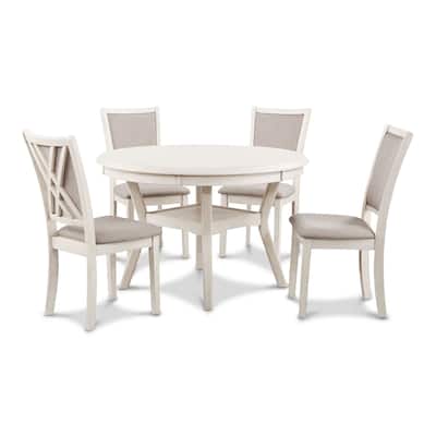 Aine 5 Piece Round Dining Table and Chair Set, White Wood, Fabric Seat