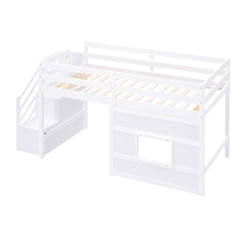 Twin Size Low Loft Bed with Storage Staircase and Window, Wooden Loft Bed Frame with Full Length Guardrail and Slat Support