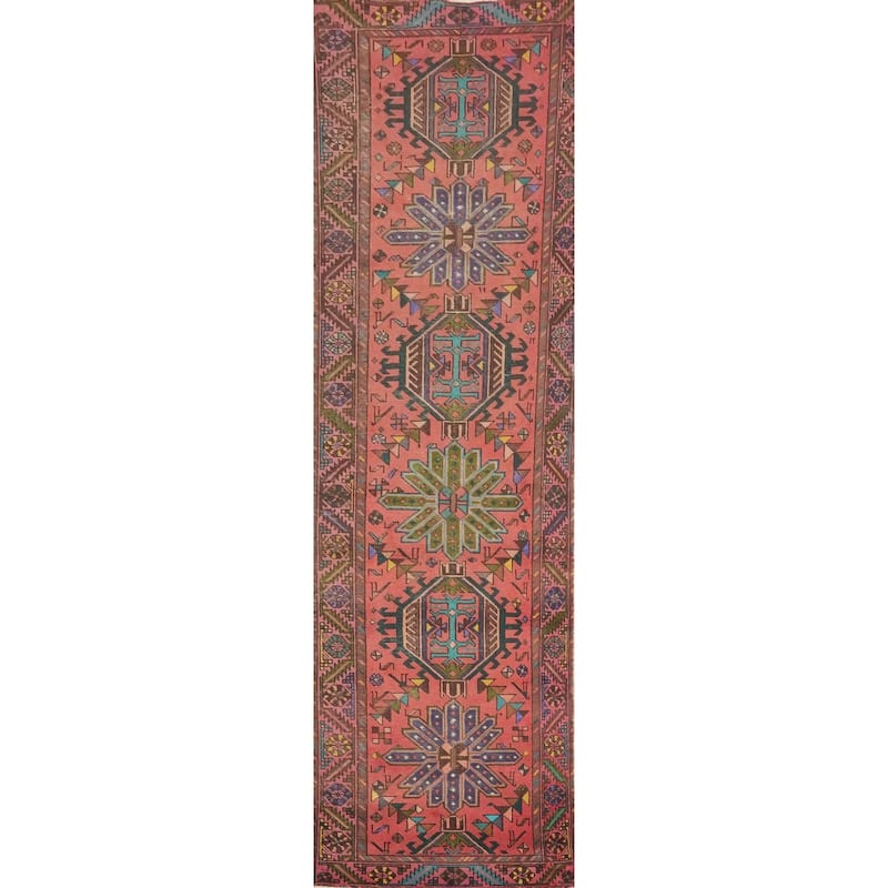 Hand Knotted Oriental 100% Wool Carpet Traditional Geometric Pink Heriz Runner Rug - 12' 2'' X 3' 0''