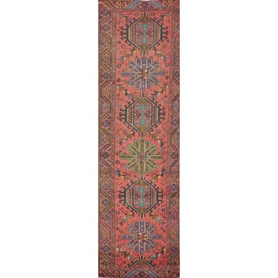 Hand Knotted Oriental 100% Wool Carpet Traditional Geometric Pink Heriz Runner Rug - 12' 2'' X 3' 0''