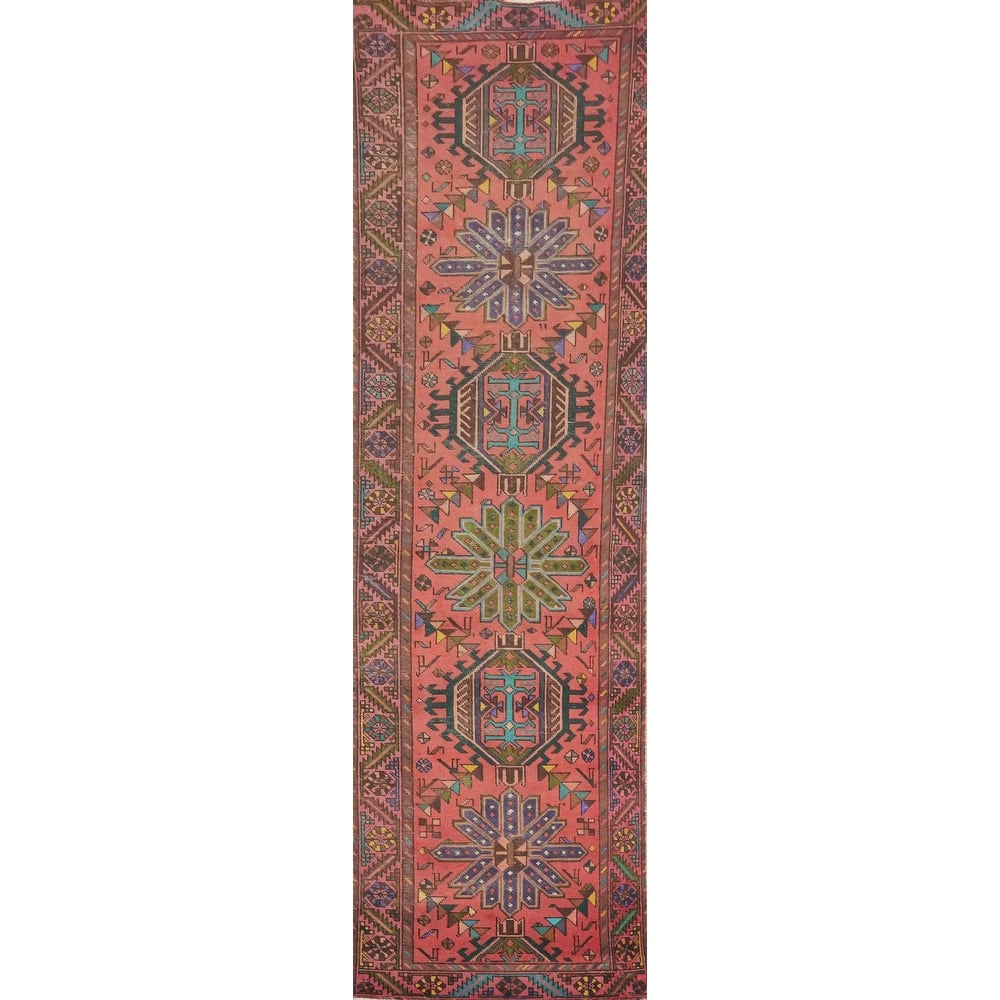 Hand Knotted Oriental 100% Wool Carpet Traditional Geometric Pink Heriz Runner Rug - 12' 2'' X 3' 0''