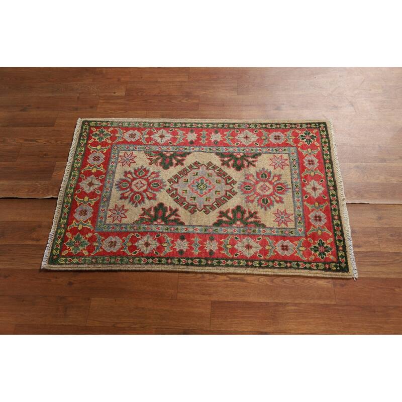 Geometric Kazak Foyer Rug Hand-Knotted Wool Carpet - 2'0" x 3'0"