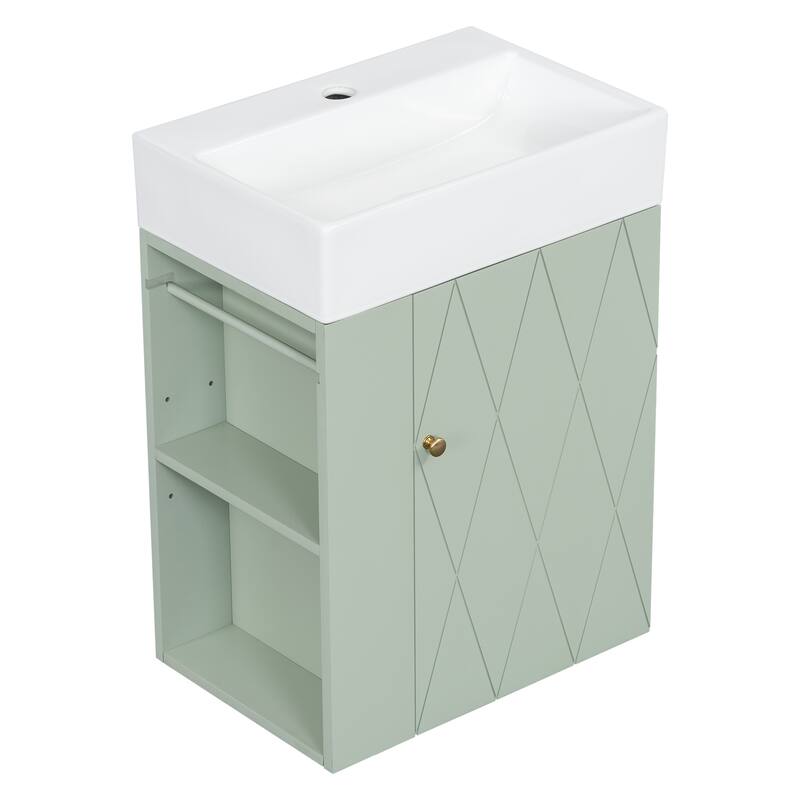20 Inch Bathroom Vanity with Ceramic Sink, Diamond Pattern Door Design, Gold Handle & Side Storage Shelves