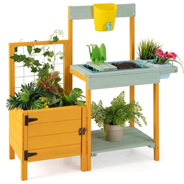 slide 2 of 6, Kids Potting Bench Table Fir Wood Outdoor Play Kitchen for Toddler, Yellow and Blue