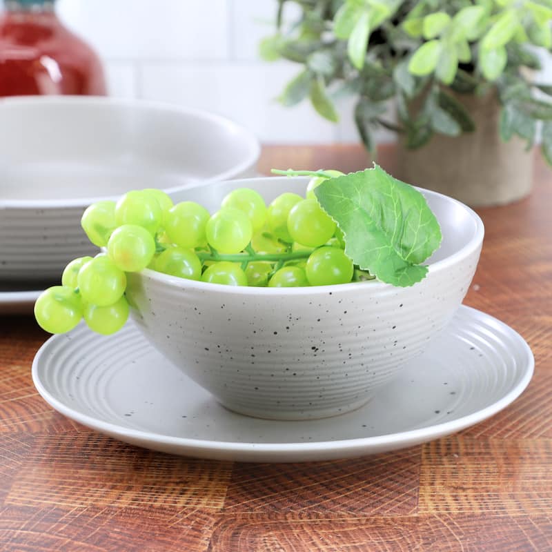 Elama Emilia 16 Piece Double Bowl Stoneware Dinnerware Set in Light Gray