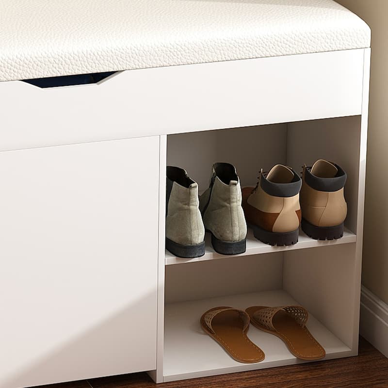 Anmytek White Entryway Storage Bench Flip Top Seat with Shoe Rack Mudroom Organizer Modern