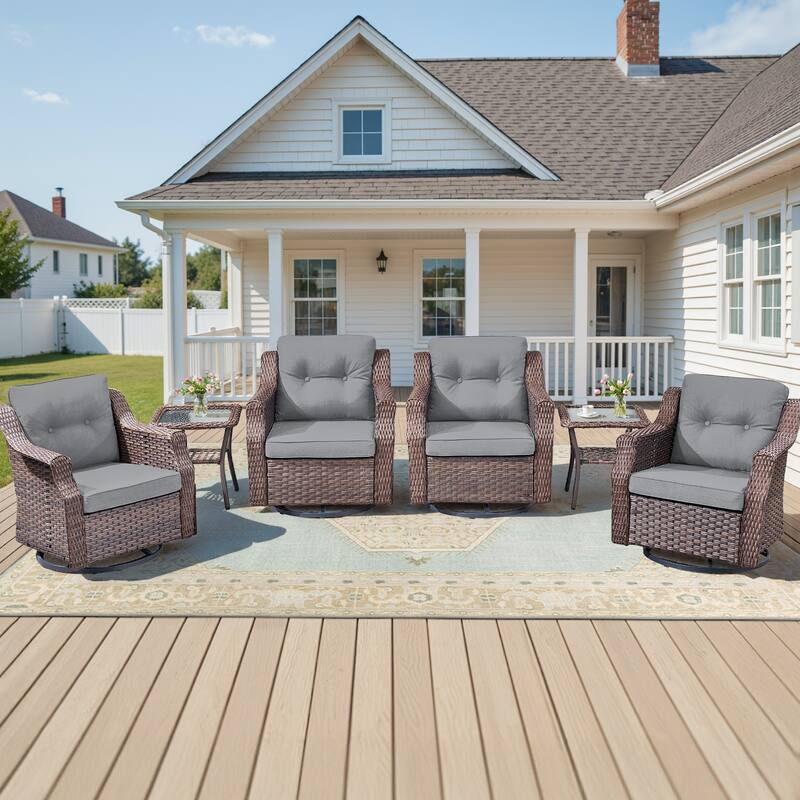 Pocassy 6-Piece Patio Swivel Chair with Side Table - Brown Wicker Blue Cushion - 6-Piece Swivel Chair with Side Table
