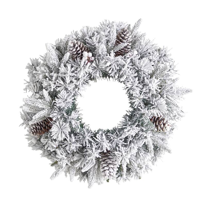 Pre-Lit Flocked Artificial Christmas Wreath, 20-Inch, Warm White LED Lights