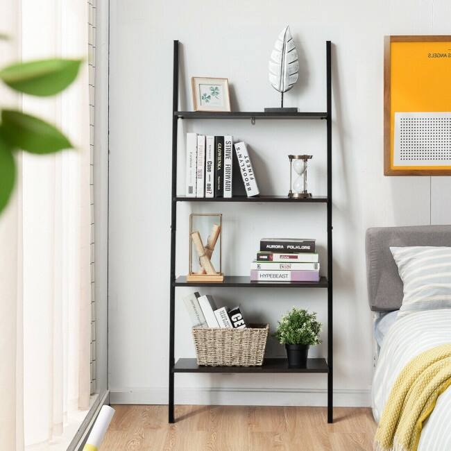 Multipurpose 4-Tier Industrial Leaning Wall Bookcase with Metal Frame - 25'' x 14'' x 60'' (L x W x H)
