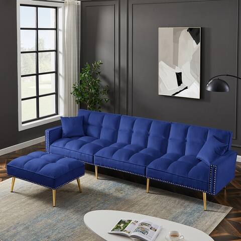 Velvet L-Shaped Sectional Sofa with Movable Ottoman