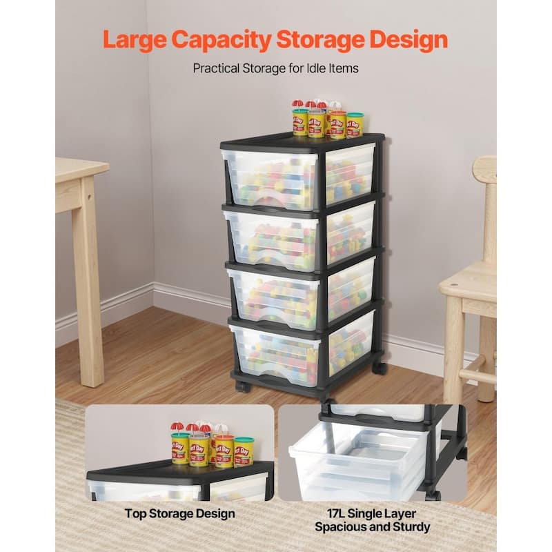 Multi-Purpose Plastic Storage Drawers with Transparent Front and Rolling Cabinet for Bedroom or Kitchen